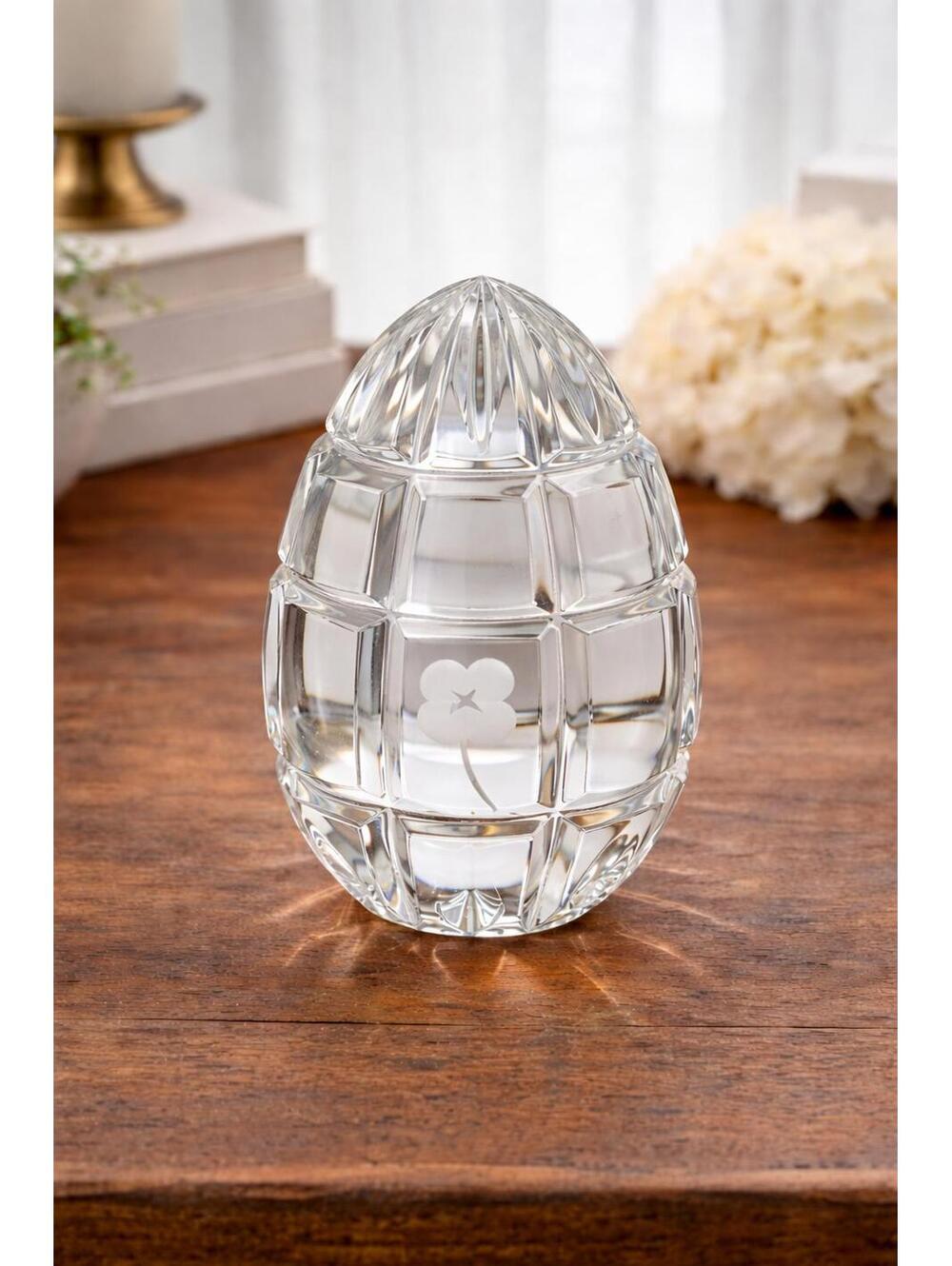Vintage Signed Rogaska Cut Crystal Decorative Egg w/Four Leaf Irish Clovers